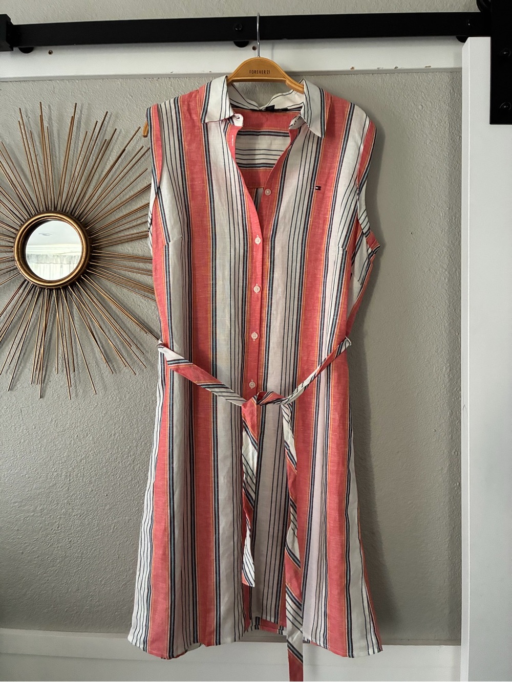 Tommy Hilfiger Sleeveless Midi Shirt Dress in Coral, White and Navy Stripe